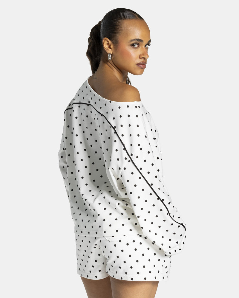 Haut à manches longues Off-Shoulder Contrastline « blanc à pois »