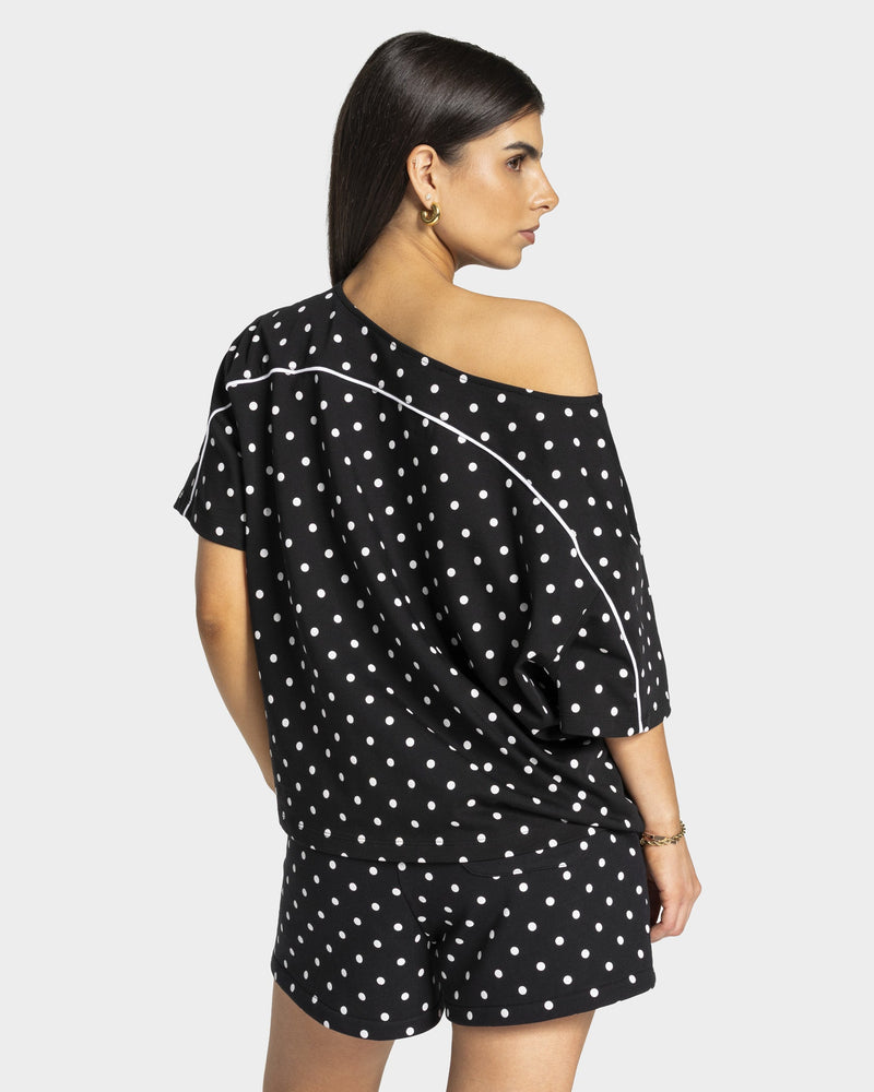 T-shirt Off-Shoulder Contrastline « noir à pois »