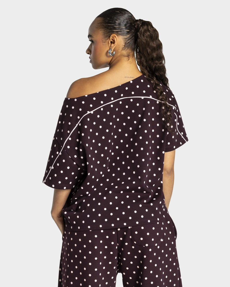 T-shirt Off-Shoulder Contrastline « merlot à pois »