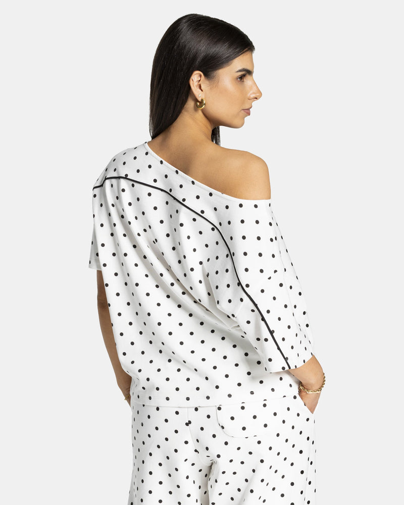 T-shirt Off-Shoulder Contrastline « blanc à pois »