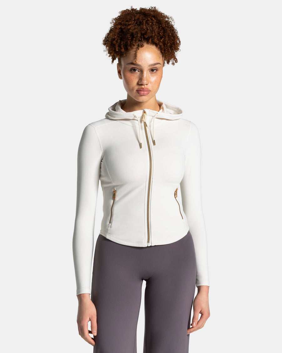 Veste de sport zippée sculptante à capuche Allrounder « blanc cassé / dorée »