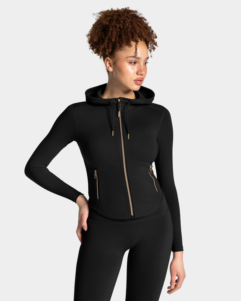 Veste de sport zippée sculptante à capuche Allrounder « noir/dorée »