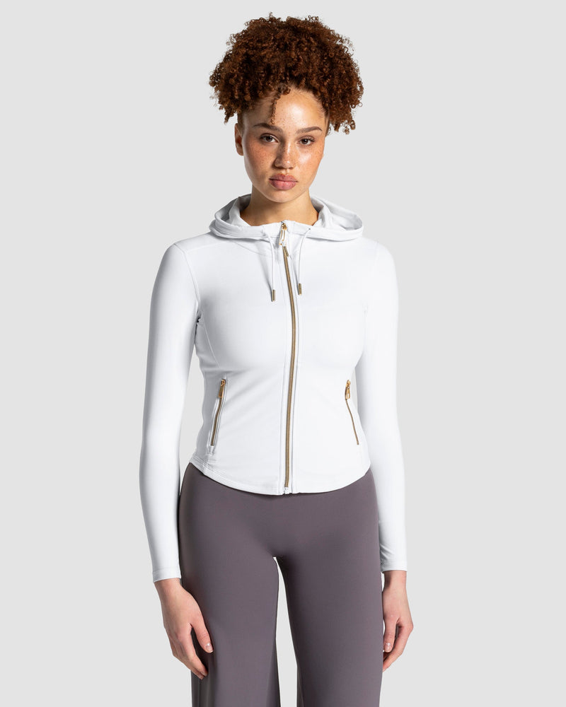 Veste de sport zippée sculptante à capuche Allrounder « blanc/dorée »