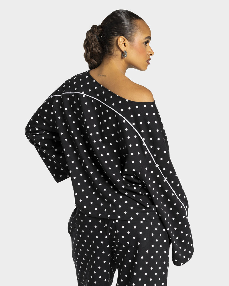 Haut à manches longues Off-Shoulder Contrastline « noir à pois »