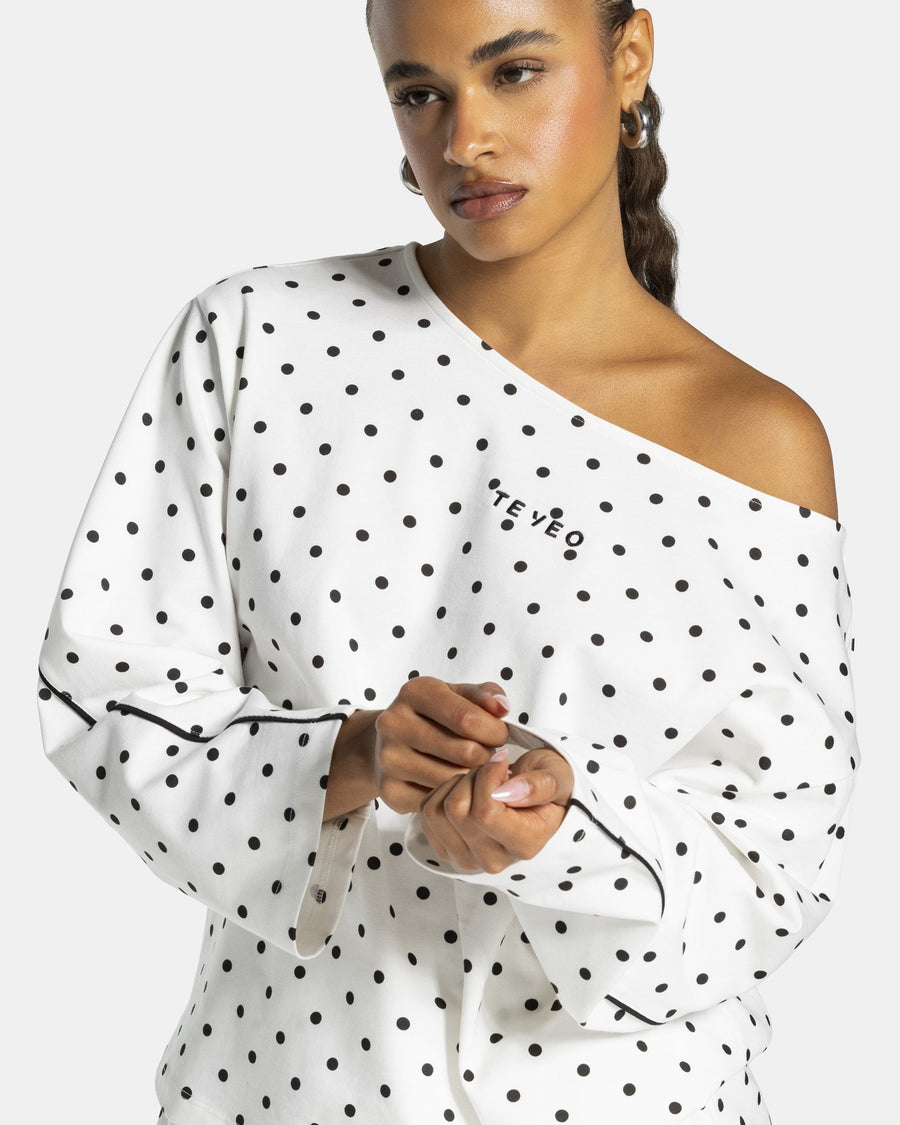 Haut à manches longues Off-Shoulder Contrastline « blanc à pois »