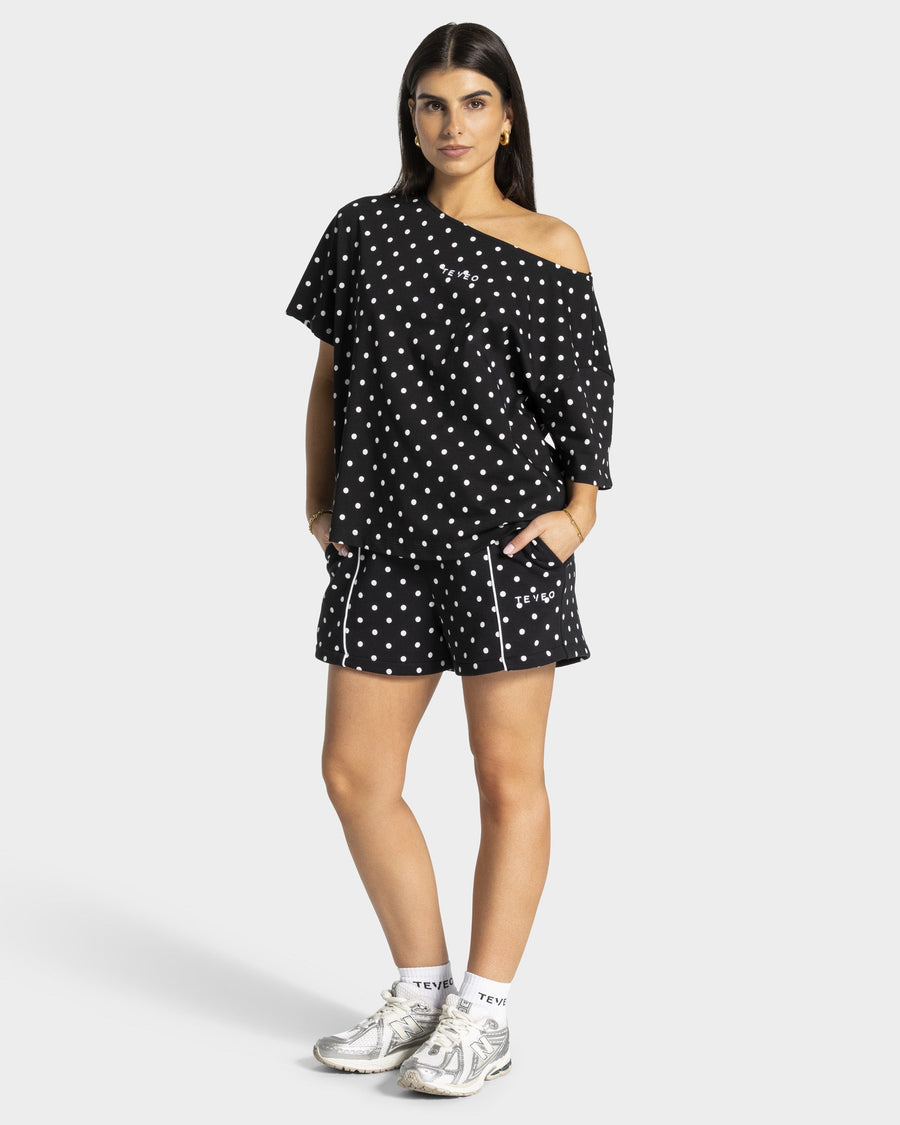 T-shirt Off-Shoulder Contrastline « noir à pois »