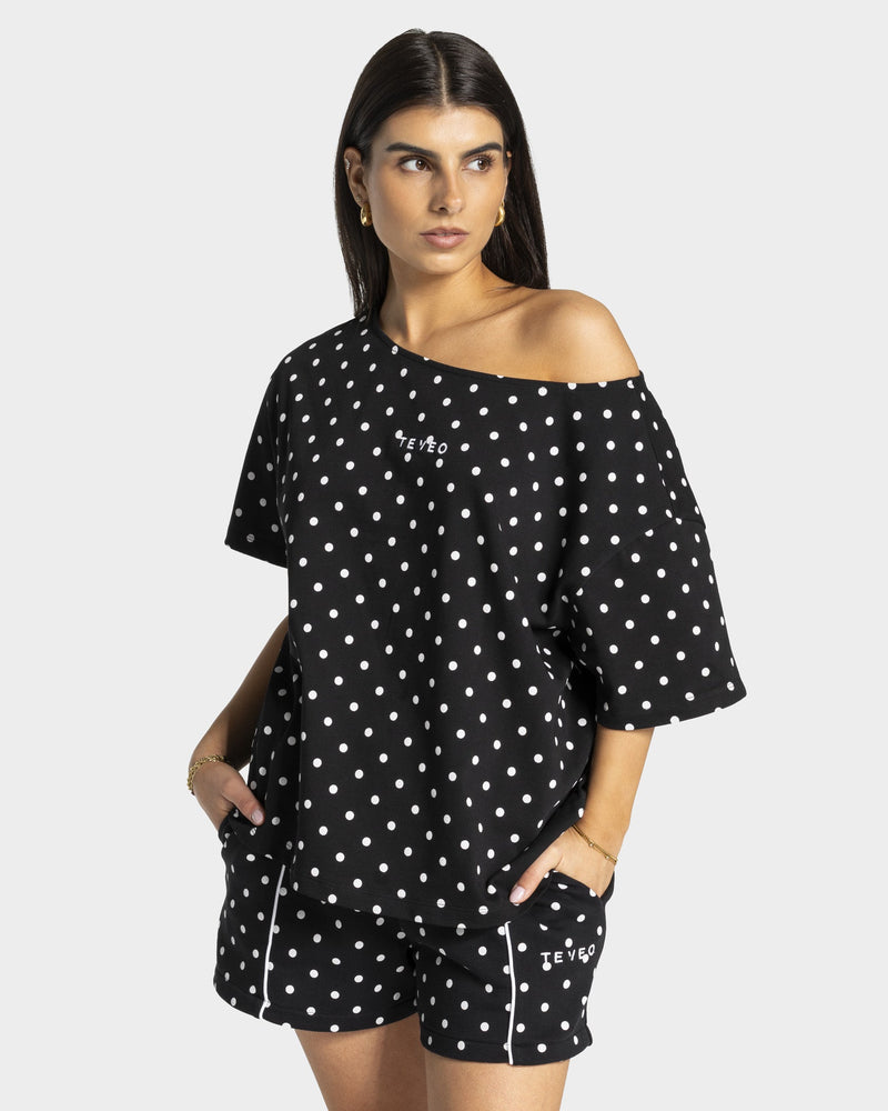 T-shirt Off-Shoulder Contrastline « noir à pois »