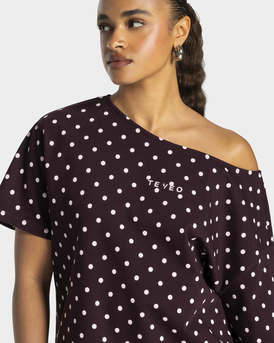 T-shirt Off-Shoulder Contrastline « merlot à pois »