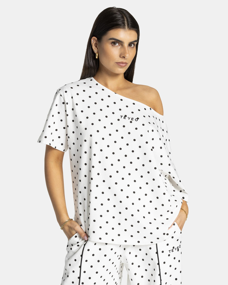 T-shirt Off-Shoulder Contrastline « blanc à pois »