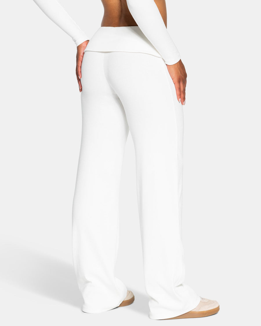 Pantalon côtelé à jambe droite longue Soft Foldover « blanc cassé »
