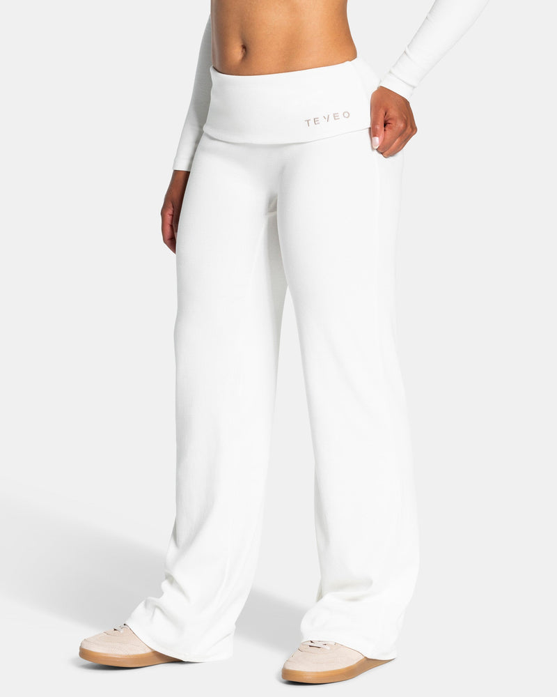Pantalon côtelé à jambe droite longue Soft Foldover « blanc cassé »