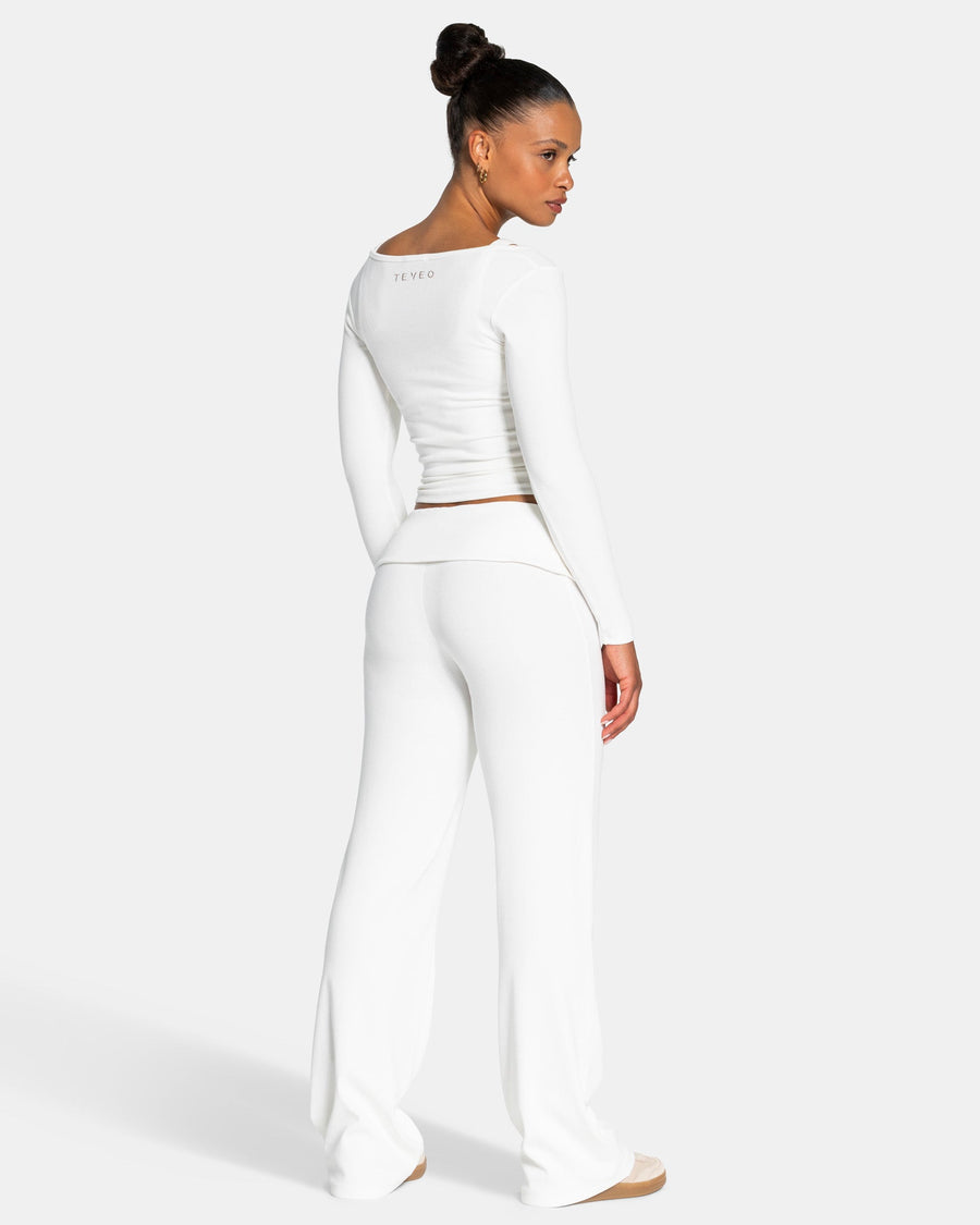 Pantalon côtelé à jambe droite longue Soft Foldover « blanc cassé »