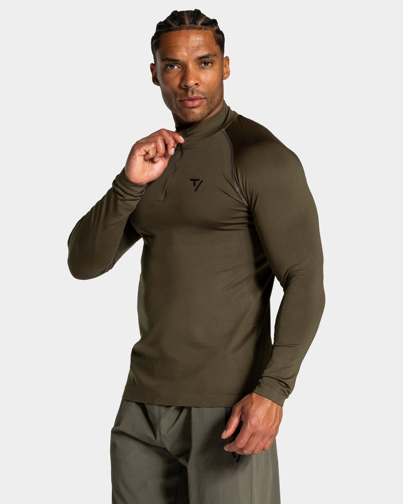 Haut à manches longues demi-zippé Workout sans coutures « Olive »