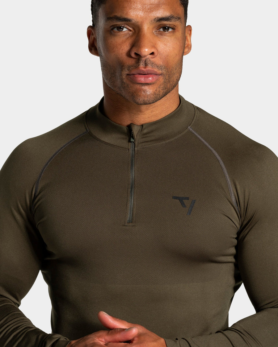 Haut à manches longues demi-zippé Workout sans coutures « Olive »